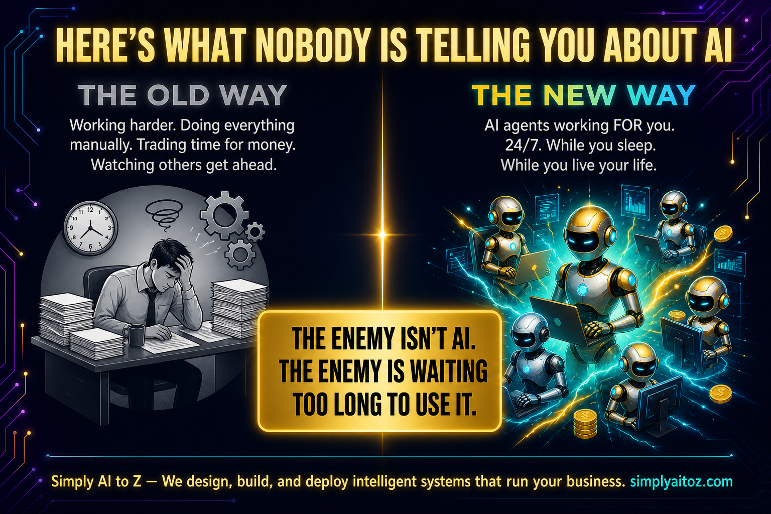 The Old Way vs The New Way — AI agents working for you 24/7. The enemy is not AI, it's waiting too long to use it.