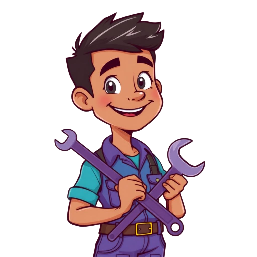 Cartoon plumber character holding a wrench